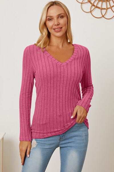 Basic Bae Full Size Ribbed V-Neck Long Sleeve T-Shirt-Stay Foxy Boutique, Florissant, Missouri