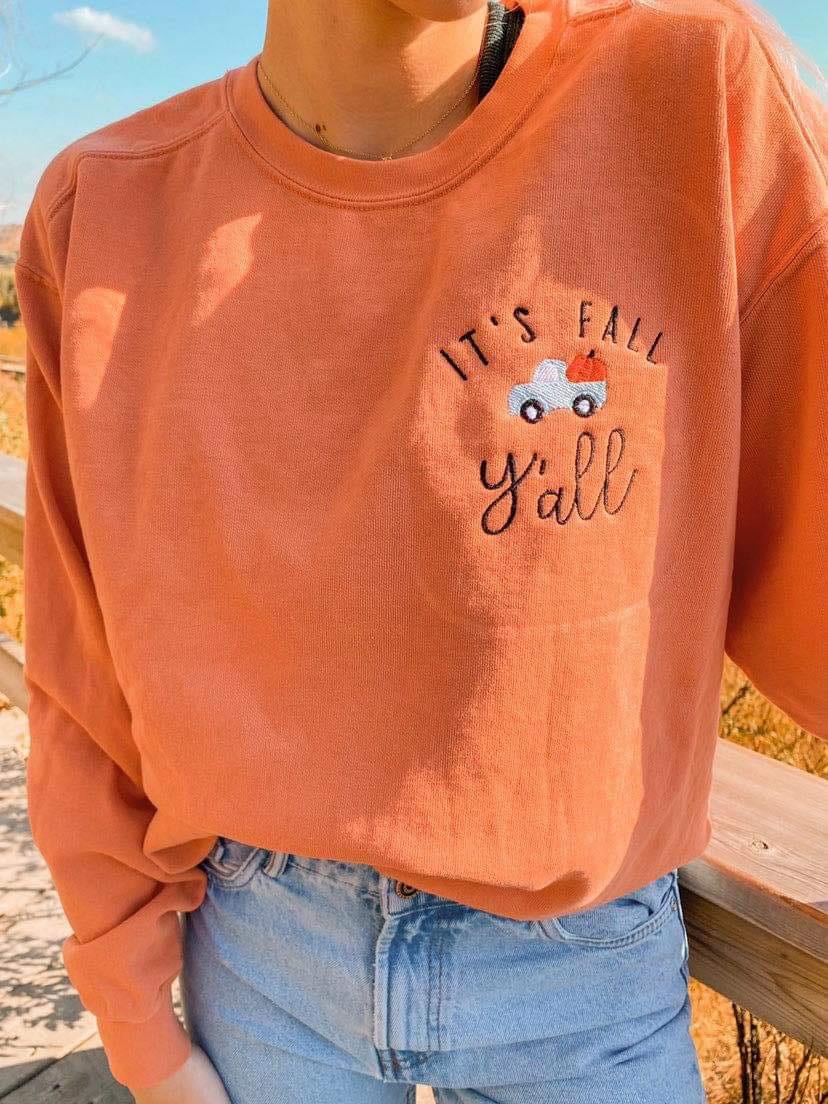 It's Fall Y'all Embroidered Sweatshirt in Two Colors-Womens-Stay Foxy Boutique, Florissant, Missouri