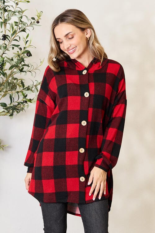 Heimish Full Size Plaid Button Front Hooded Shirt-Stay Foxy Boutique, Florissant, Missouri