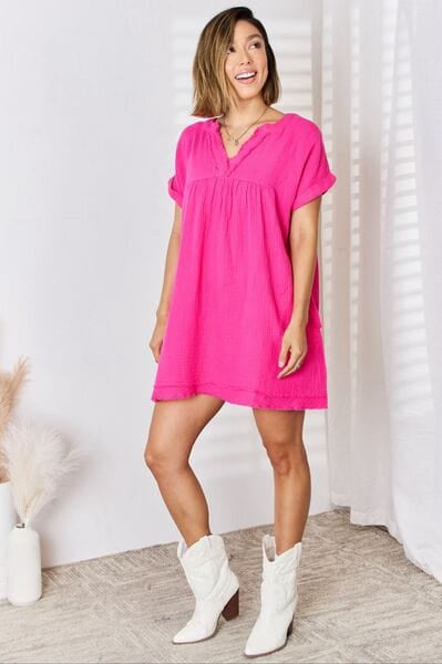 Zenana Full Size Rolled Short Sleeve Raw Trim Dress-Stay Foxy Boutique, Florissant, Missouri