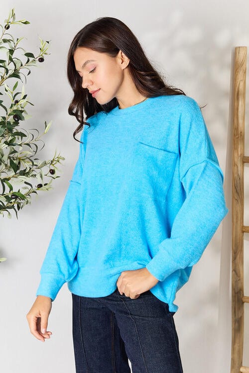 Zenana Round Neck Long Sleeve Sweater with Pocket-Stay Foxy Boutique, Florissant, Missouri