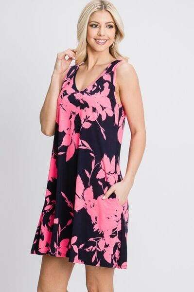 Heimish Full Size Floral V-Neck Tank Dress with Pockets-Stay Foxy Boutique, Florissant, Missouri