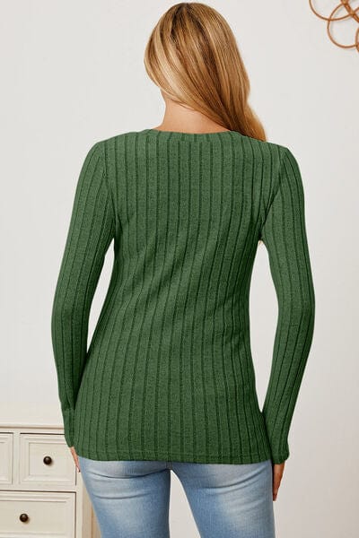 Basic Bae Full Size Ribbed V-Neck Long Sleeve T-Shirt-Stay Foxy Boutique, Florissant, Missouri