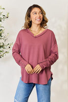 Culture Code Full Size V-Neck Exposed Seam Long Sleeve Blouse-Stay Foxy Boutique, Florissant, Missouri