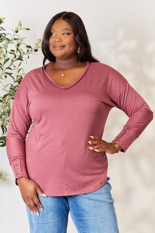 Culture Code Full Size V-Neck Exposed Seam Long Sleeve Blouse-Stay Foxy Boutique, Florissant, Missouri