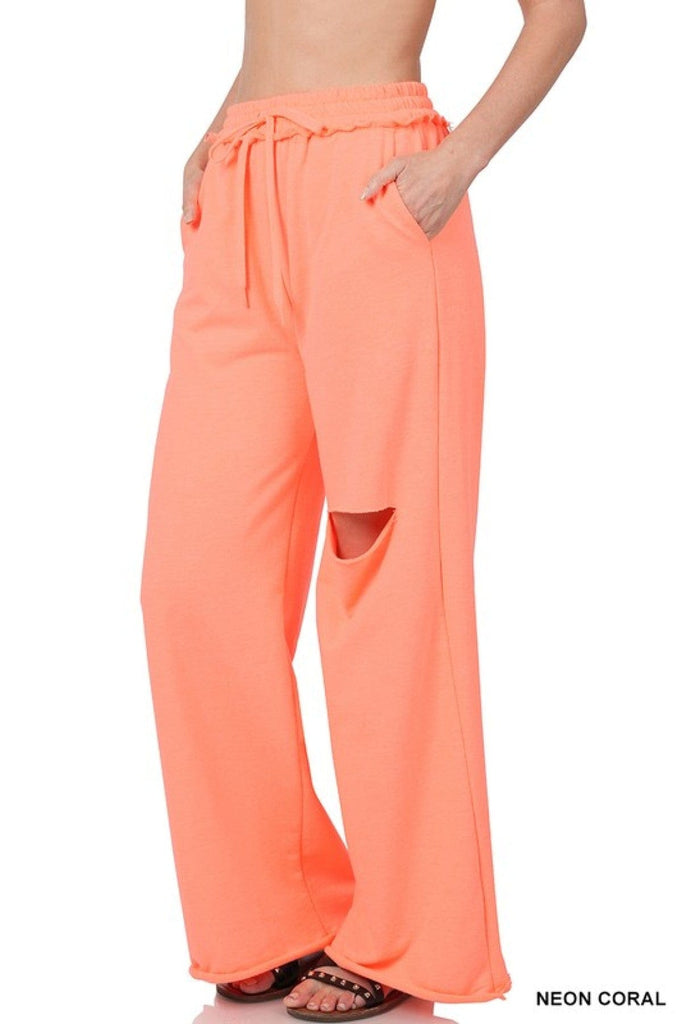 New Colors - Zenana French Terry Laser Cut Pants With Pockets-Pants-Stay Foxy Boutique, Florissant, Missouri