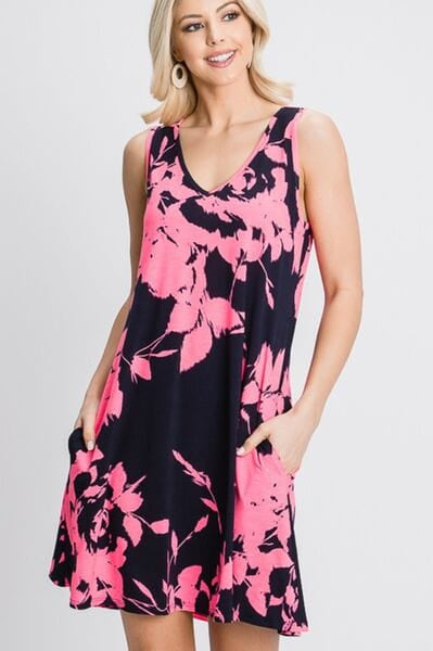 Heimish Full Size Floral V-Neck Tank Dress with Pockets-Stay Foxy Boutique, Florissant, Missouri