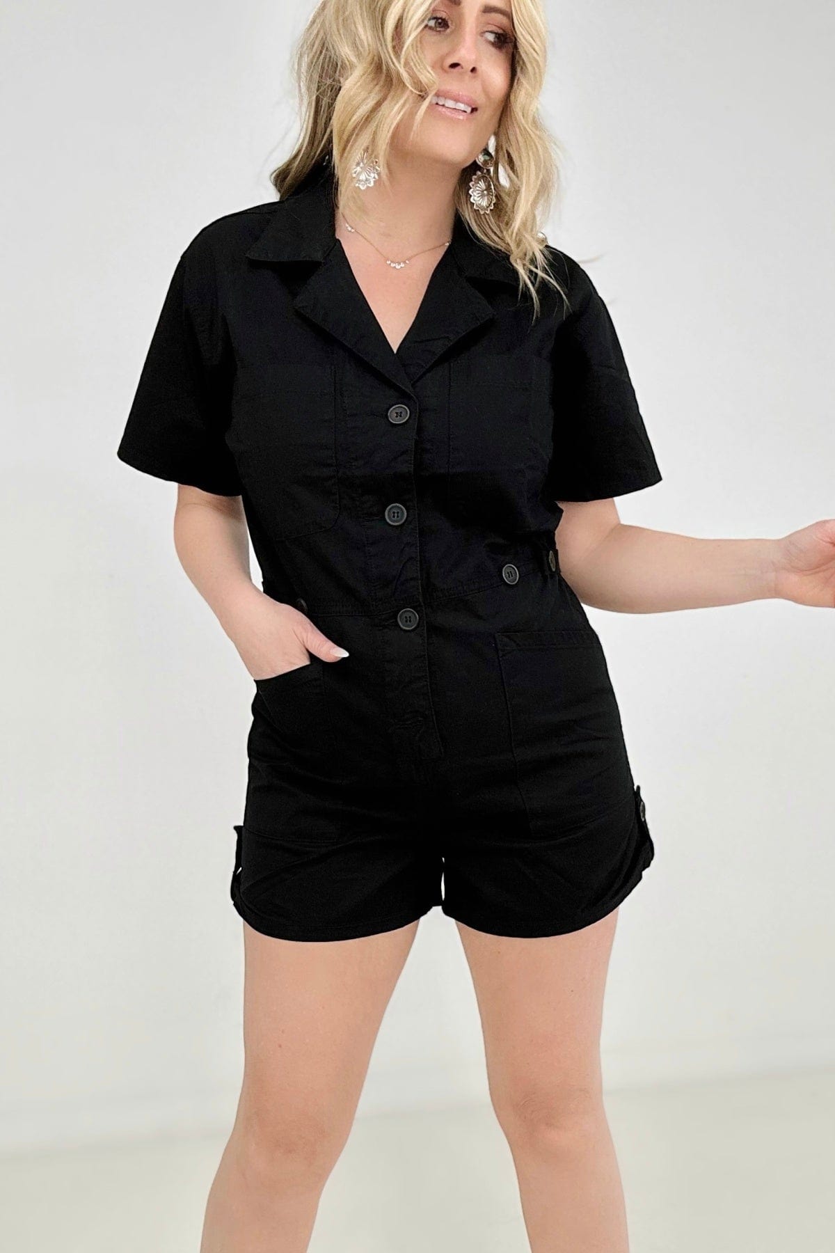 Zenana Woven Cotton Button Front Shirt Romper-Rompers-Stay Foxy Boutique, Florissant, Missouri