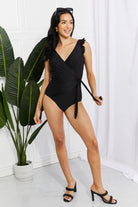 Marina West Swim Full Size Float On Ruffle Faux Wrap One-Piece in Black-Stay Foxy Boutique, Florissant, Missouri