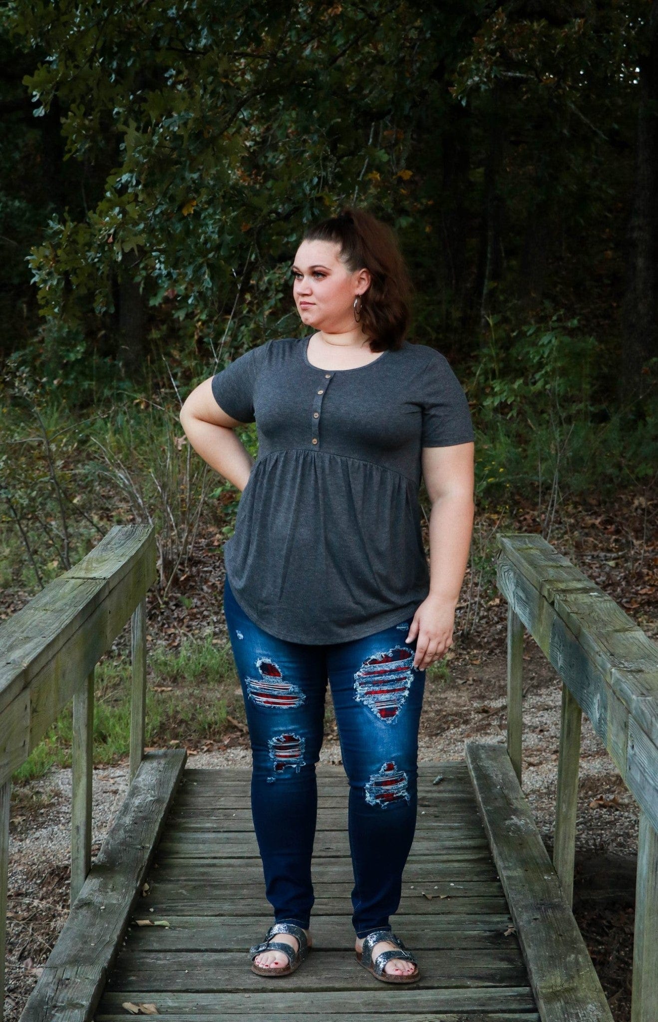 DISTRESSED STRETCH PATCH DENIM-Stay Foxy Boutique, Florissant, Missouri