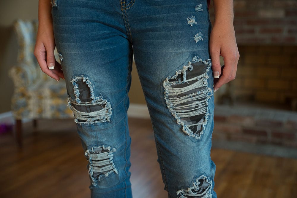 DISTRESSED STRETCH PATCH DENIM-Stay Foxy Boutique, Florissant, Missouri