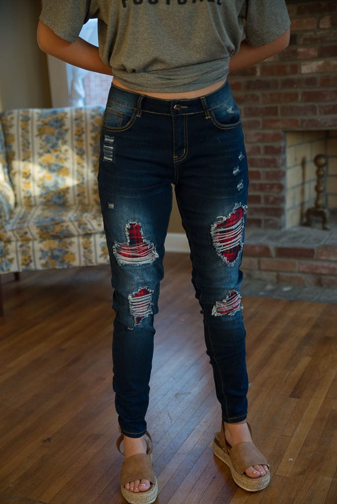 DISTRESSED STRETCH PATCH DENIM-Stay Foxy Boutique, Florissant, Missouri