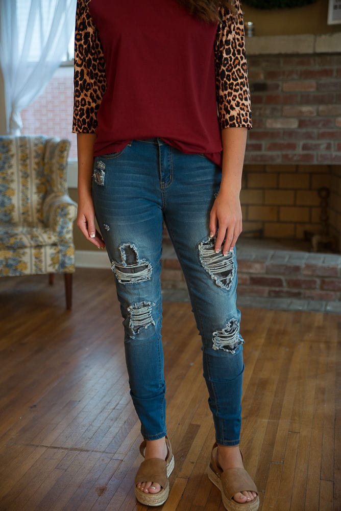 DISTRESSED STRETCH PATCH DENIM-Stay Foxy Boutique, Florissant, Missouri