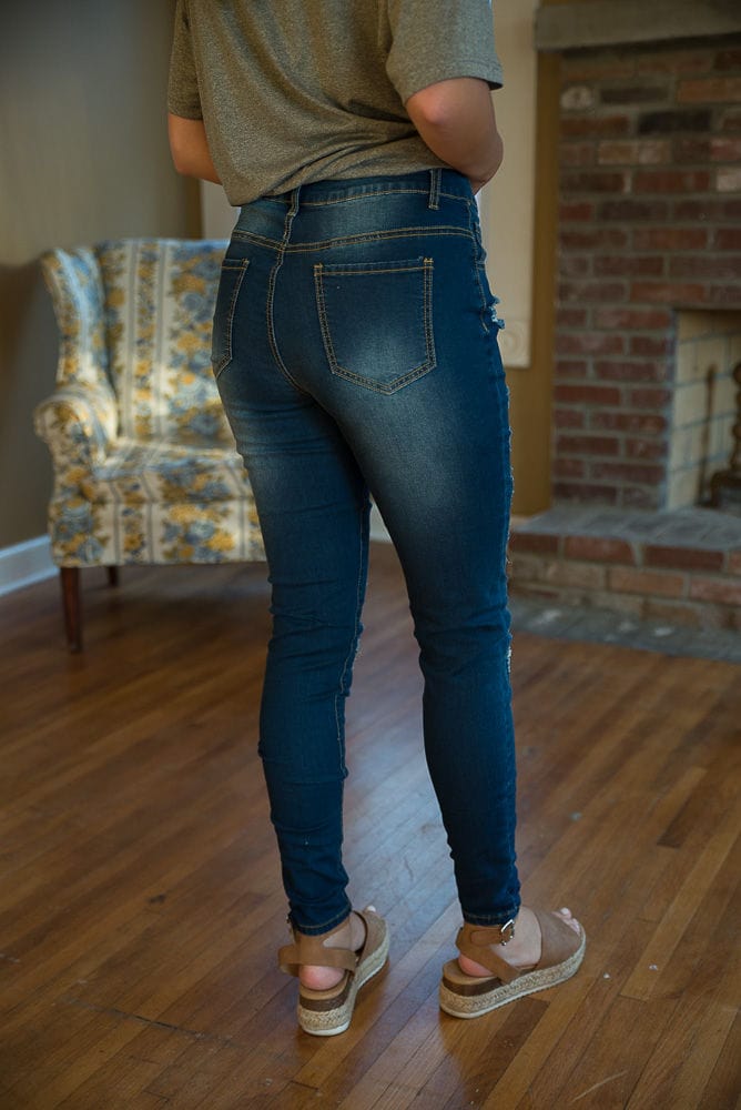 DISTRESSED STRETCH PATCH DENIM-Stay Foxy Boutique, Florissant, Missouri