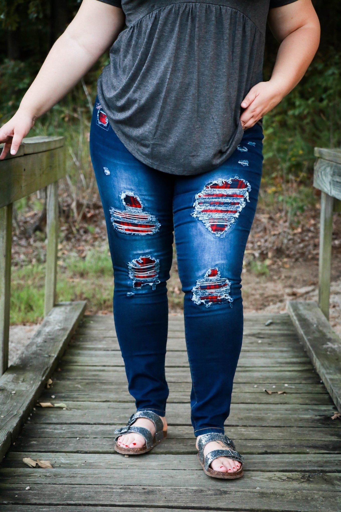 DISTRESSED STRETCH PATCH DENIM-Stay Foxy Boutique, Florissant, Missouri