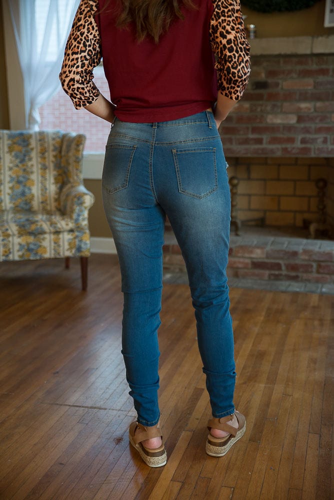 DISTRESSED STRETCH PATCH DENIM-Stay Foxy Boutique, Florissant, Missouri