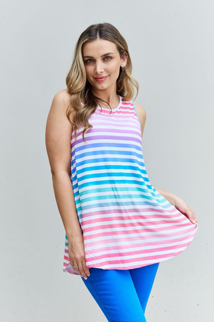 Heimish Love Yourself Full Size Multicolored Striped Sleeveless Round Neck Top-Stay Foxy Boutique, Florissant, Missouri