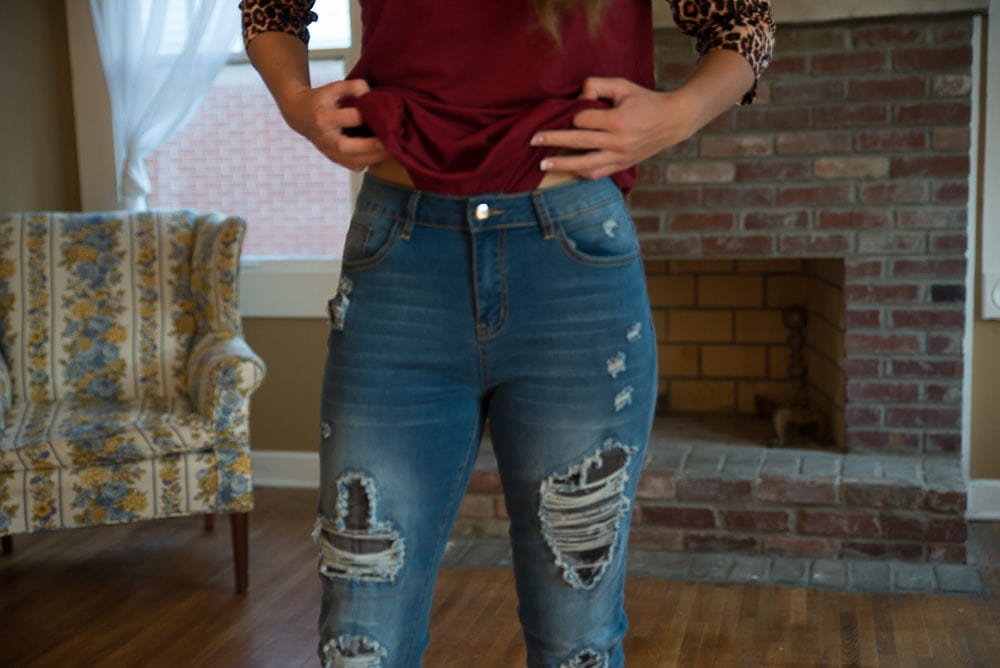 DISTRESSED STRETCH PATCH DENIM-Stay Foxy Boutique, Florissant, Missouri