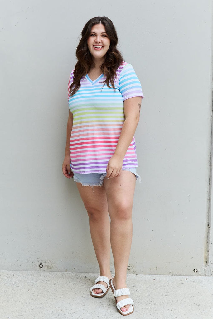 Heimish Out And Proud Full Size Multicolored Striped V-Neck Short Sleeve Top-Stay Foxy Boutique, Florissant, Missouri