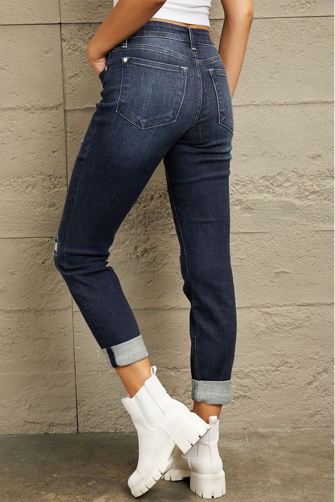 Judy Blue Full Size Mid Rise Distressed Cuffed Boyfriend Jeans-Stay Foxy Boutique, Florissant, Missouri