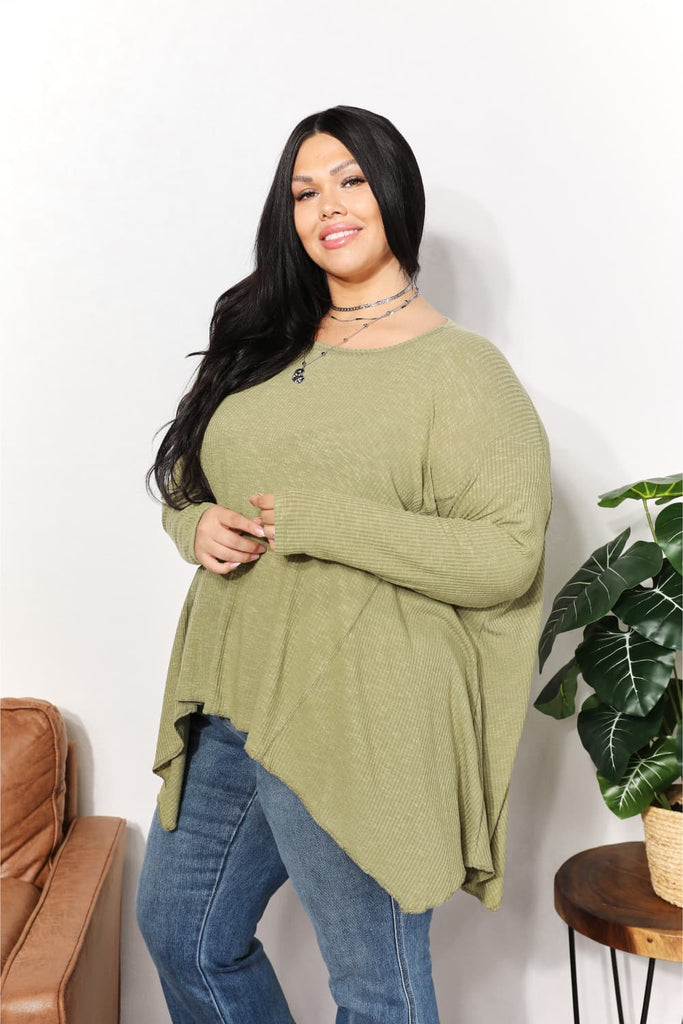 HEYSON Full Size Oversized Super Soft Rib Layering Top with a Sharkbite Hem and Round Neck-Stay Foxy Boutique, Florissant, Missouri