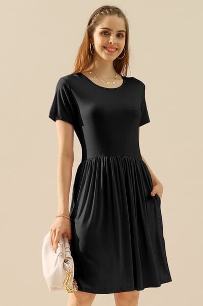 Ninexis Full Size Round Neck Ruched Dress with Pockets-Stay Foxy Boutique, Florissant, Missouri