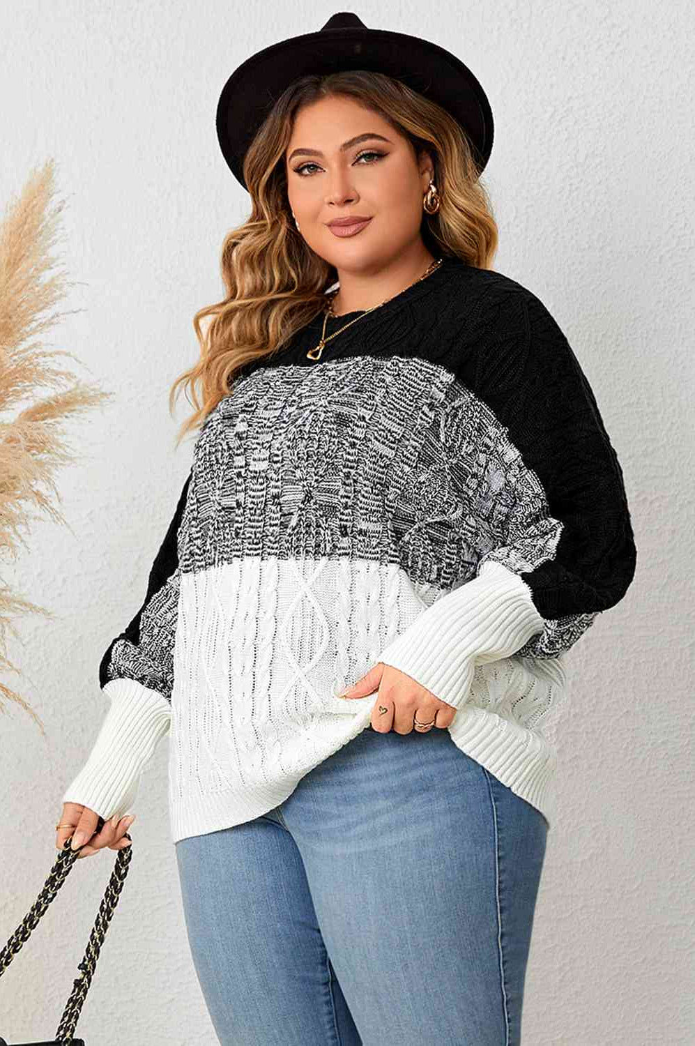 Plus Size Color Block Round Neck Cable-Knit Sweater-Stay Foxy Boutique, Florissant, Missouri