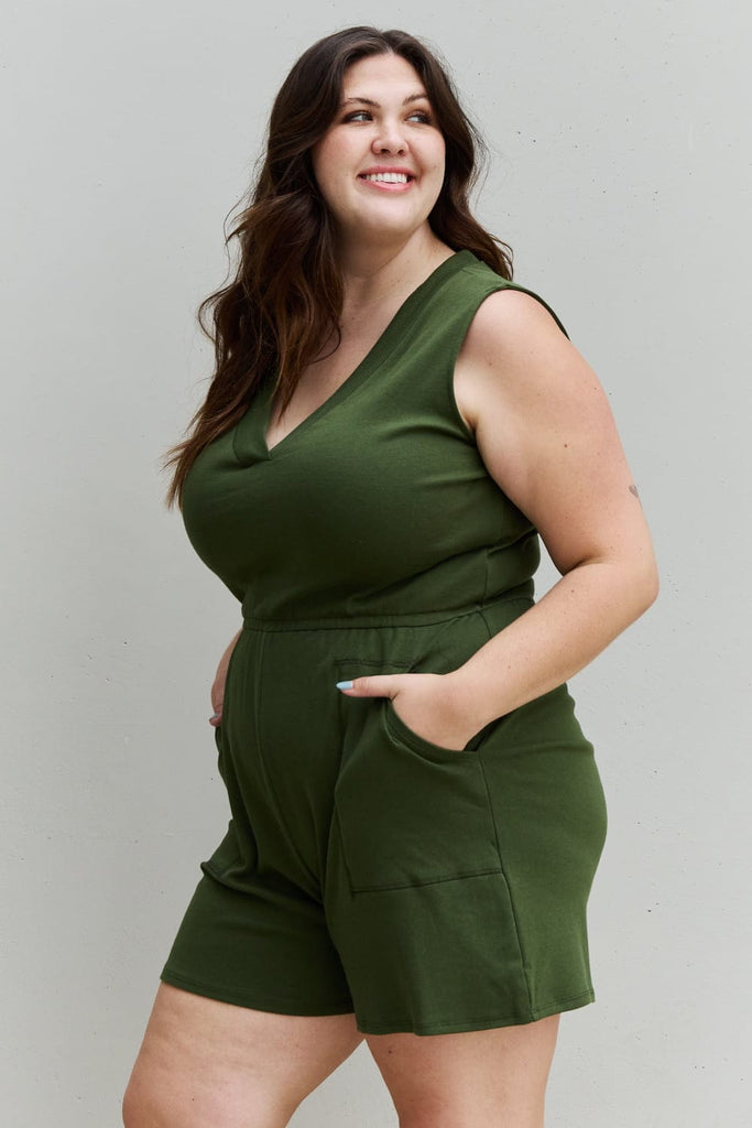 Zenana Forever Yours Full Size V-Neck Sleeveless Romper in Army Green-Stay Foxy Boutique, Florissant, Missouri