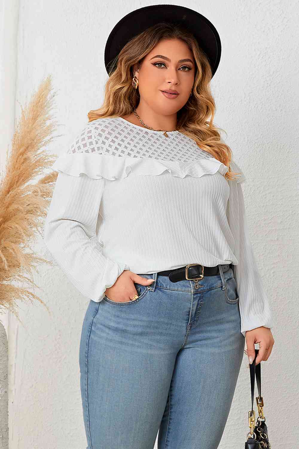 Plus Size Ruffled Round Neck Long Sleeve Blouse-Stay Foxy Boutique, Florissant, Missouri