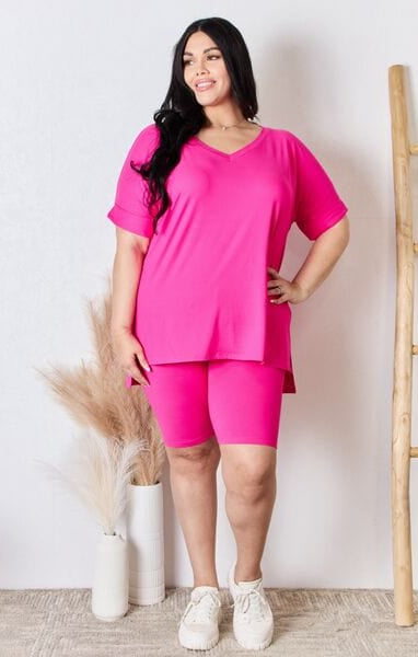 Zenana Full Size V-Neck Short Sleeve Slit T-Shirt and Shorts Set-Stay Foxy Boutique, Florissant, Missouri