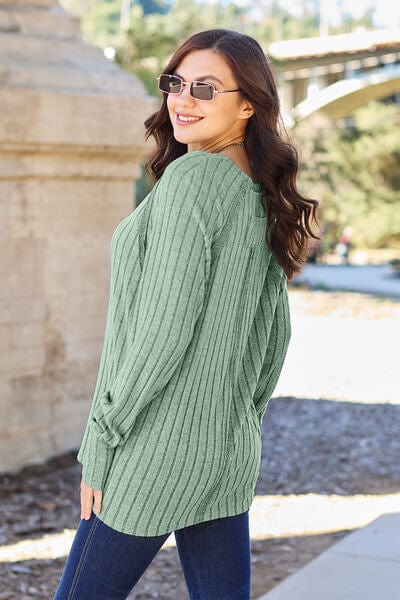 Basic Bae Full Size Ribbed Round Neck Long Sleeve Knit Top-Stay Foxy Boutique, Florissant, Missouri