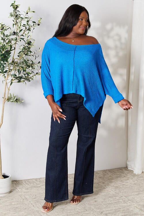 Zenana Full Size Round Neck High-Low Slit Knit Top-Stay Foxy Boutique, Florissant, Missouri