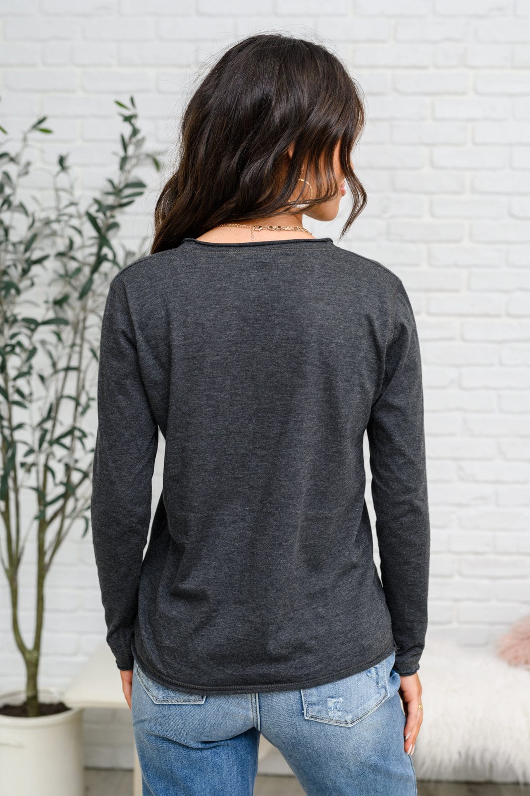 Alpine Raw Edge Long Sleeve Tee in Charcoal-Tops-Stay Foxy Boutique, Florissant, Missouri