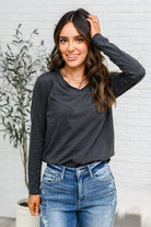 Alpine Raw Edge Long Sleeve Tee in Charcoal-Tops-Stay Foxy Boutique, Florissant, Missouri