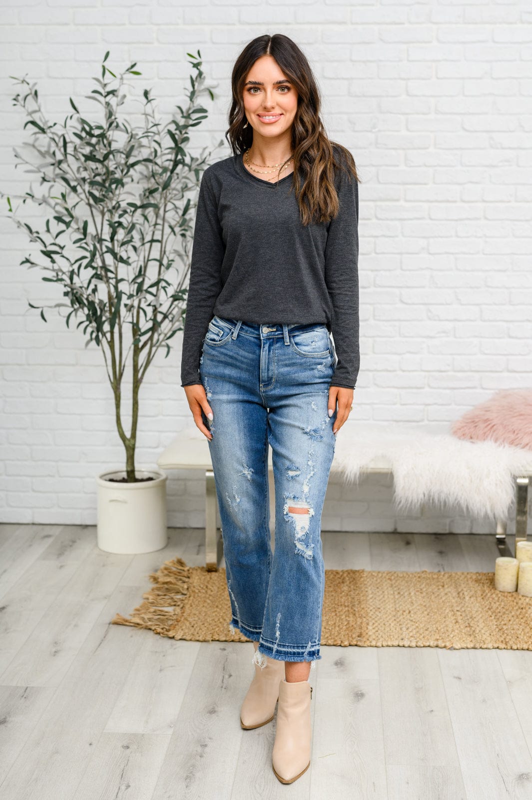 Alpine Raw Edge Long Sleeve Tee in Charcoal-Tops-Stay Foxy Boutique, Florissant, Missouri
