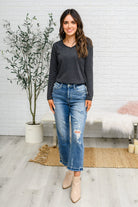 Alpine Raw Edge Long Sleeve Tee in Charcoal-Tops-Stay Foxy Boutique, Florissant, Missouri