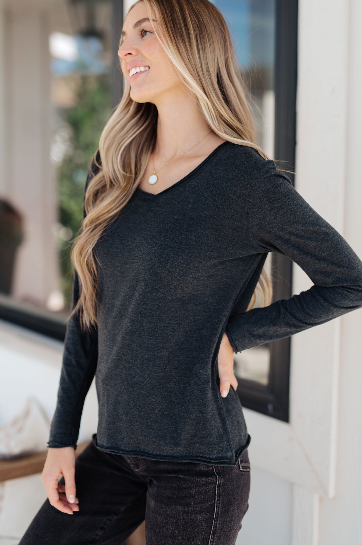 Alpine Raw Edge Long Sleeve Tee in Charcoal-Tops-Stay Foxy Boutique, Florissant, Missouri