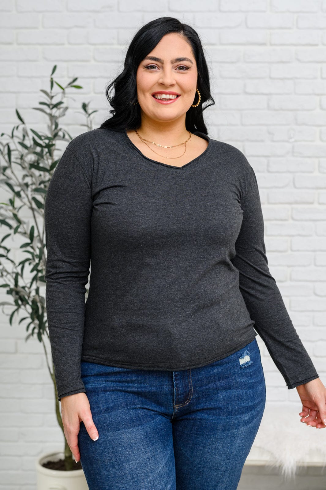 Alpine Raw Edge Long Sleeve Tee in Charcoal-Tops-Stay Foxy Boutique, Florissant, Missouri