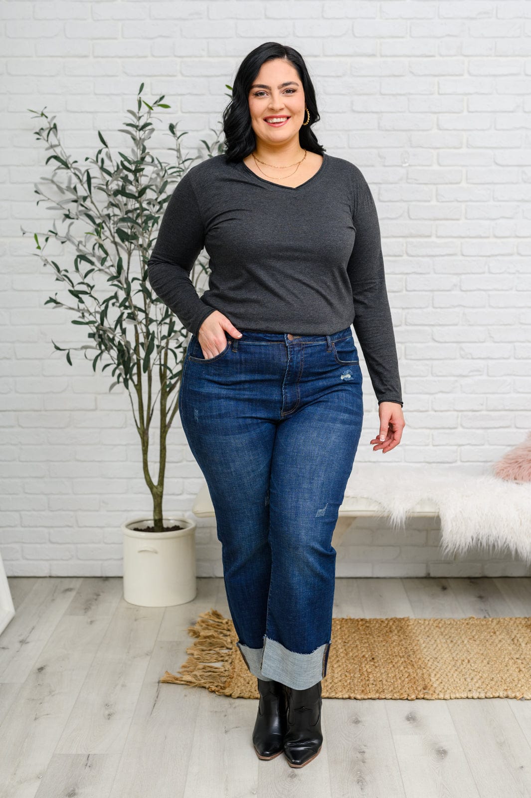Alpine Raw Edge Long Sleeve Tee in Charcoal-Tops-Stay Foxy Boutique, Florissant, Missouri