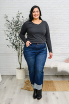 Alpine Raw Edge Long Sleeve Tee in Charcoal-Tops-Stay Foxy Boutique, Florissant, Missouri