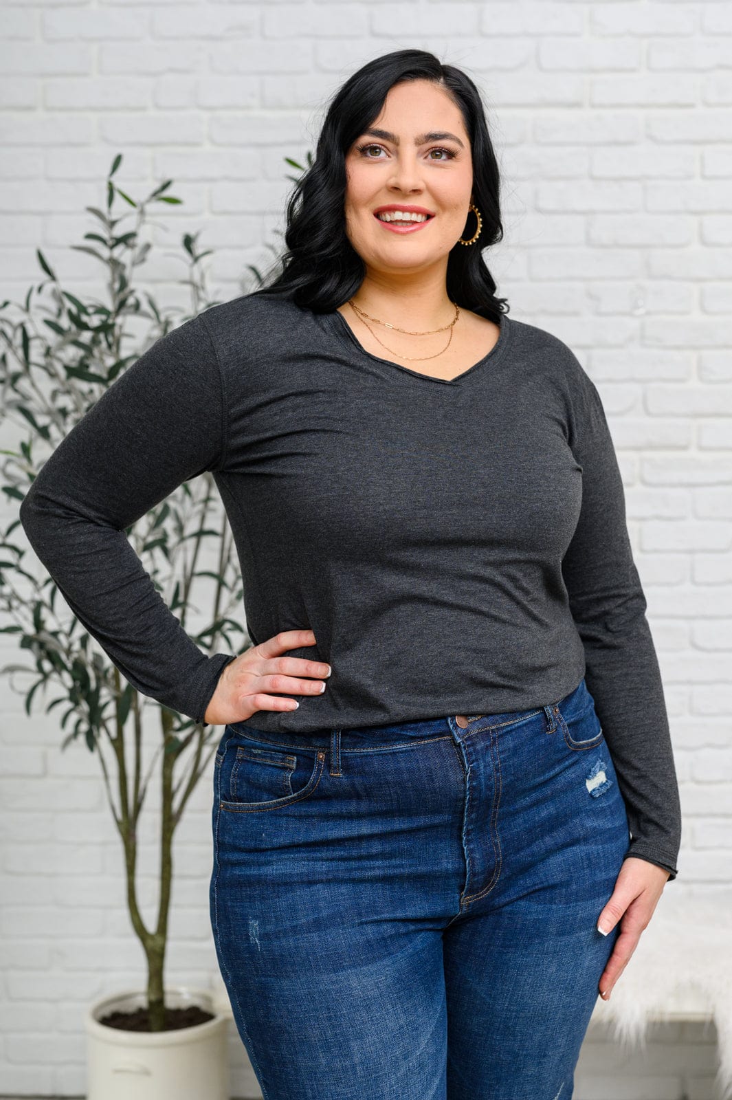 Alpine Raw Edge Long Sleeve Tee in Charcoal-Tops-Stay Foxy Boutique, Florissant, Missouri