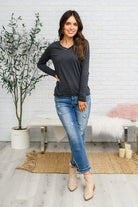 Alpine Raw Edge Long Sleeve Tee in Charcoal-Tops-Stay Foxy Boutique, Florissant, Missouri
