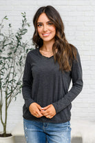 Alpine Raw Edge Long Sleeve Tee in Charcoal-Tops-Stay Foxy Boutique, Florissant, Missouri