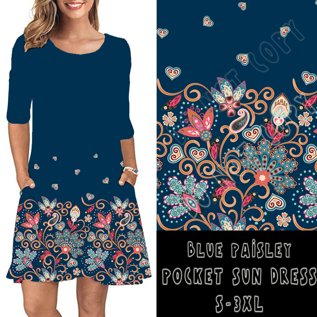 3/4 SLEEVE POCKET DRESS- BLUE PAISLEY-Stay Foxy Boutique, Florissant, Missouri