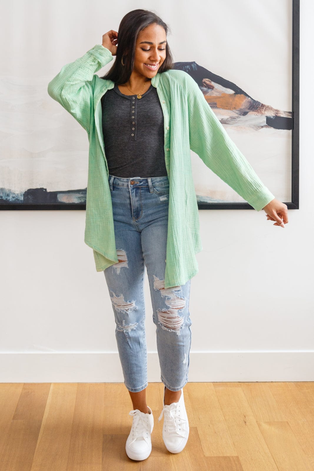 Corey Button Up Top In Vintage Green-Womens-Stay Foxy Boutique, Florissant, Missouri