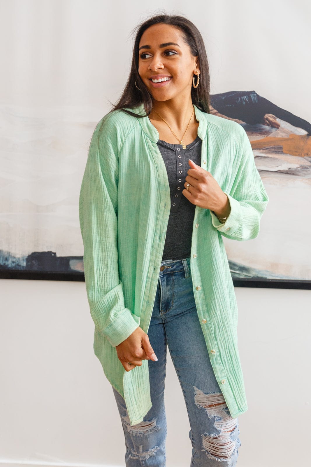 Corey Button Up Top In Vintage Green-Womens-Stay Foxy Boutique, Florissant, Missouri