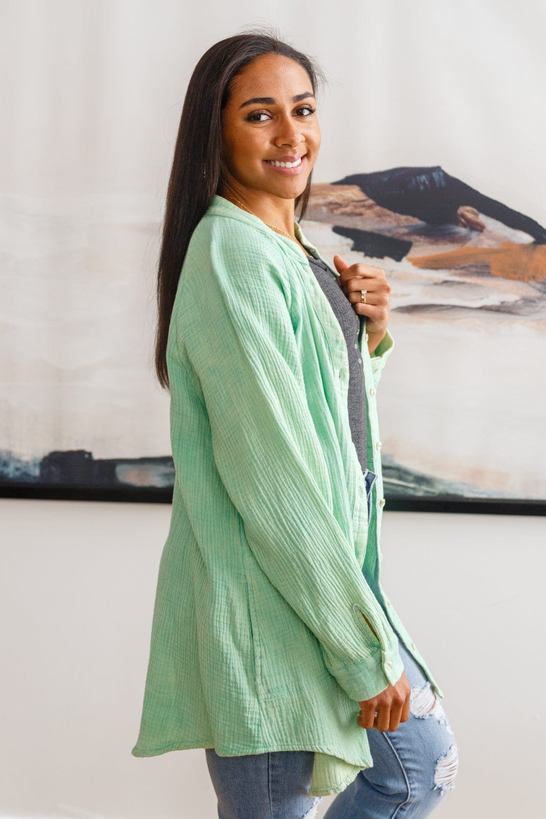 Corey Button Up Top In Vintage Green-Womens-Stay Foxy Boutique, Florissant, Missouri