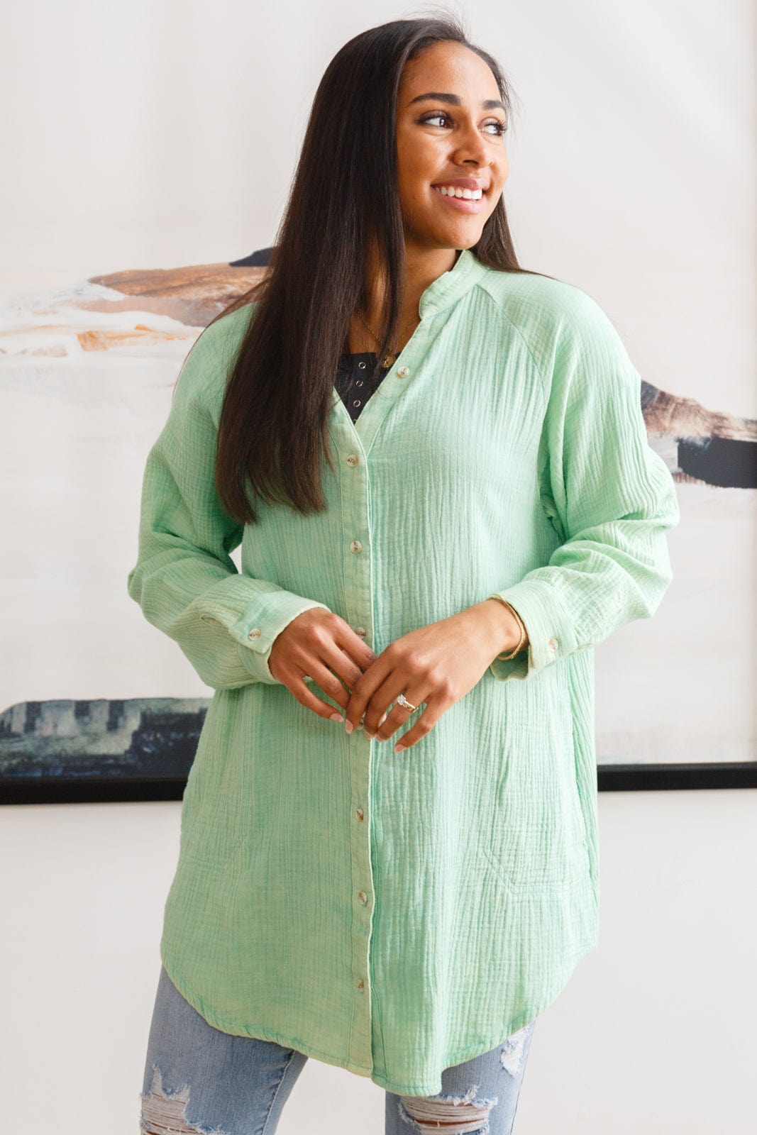 Corey Button Up Top In Vintage Green-Womens-Stay Foxy Boutique, Florissant, Missouri