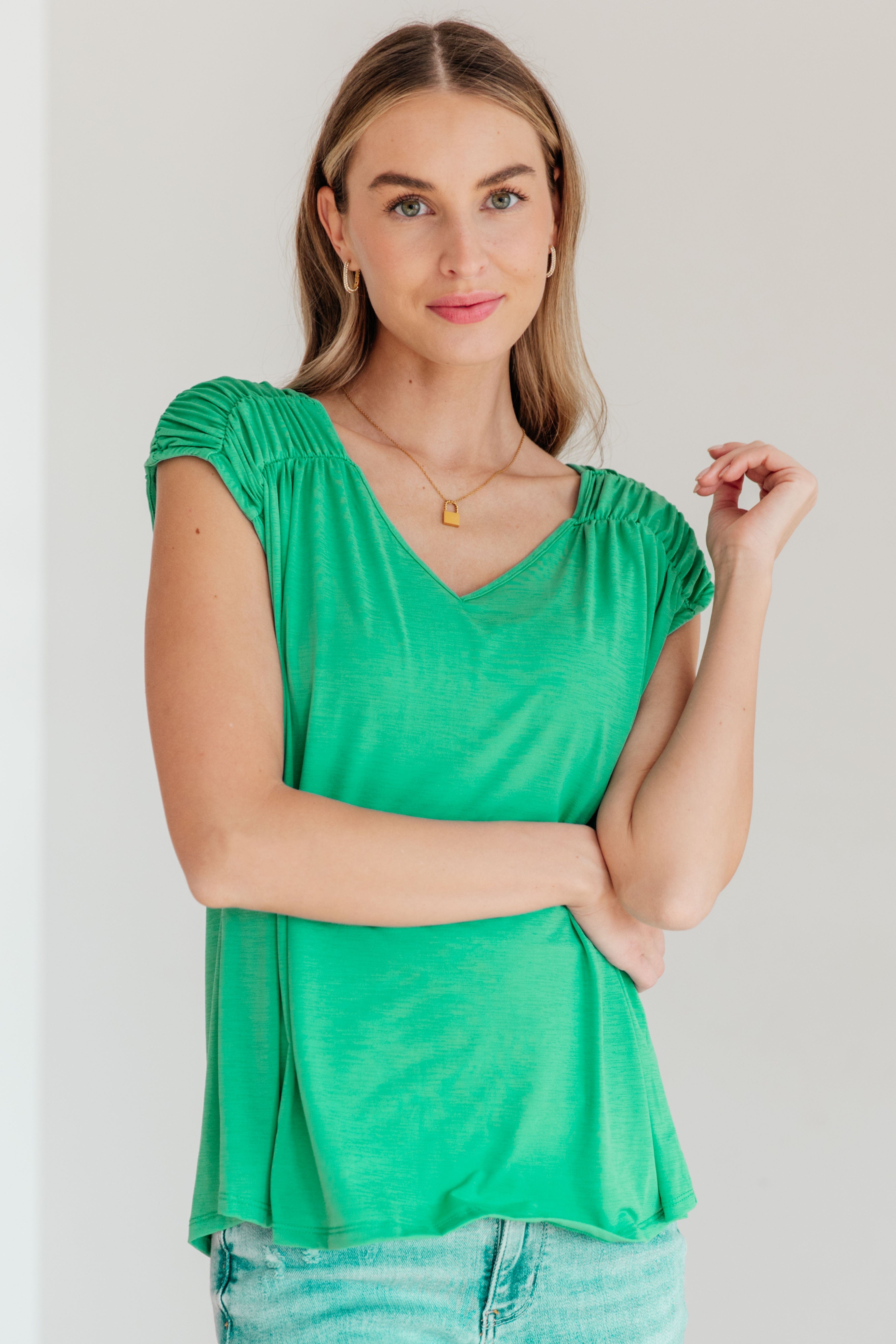 Ruched Cap Sleeve Top in Emerald-Womens-Stay Foxy Boutique, Florissant, Missouri