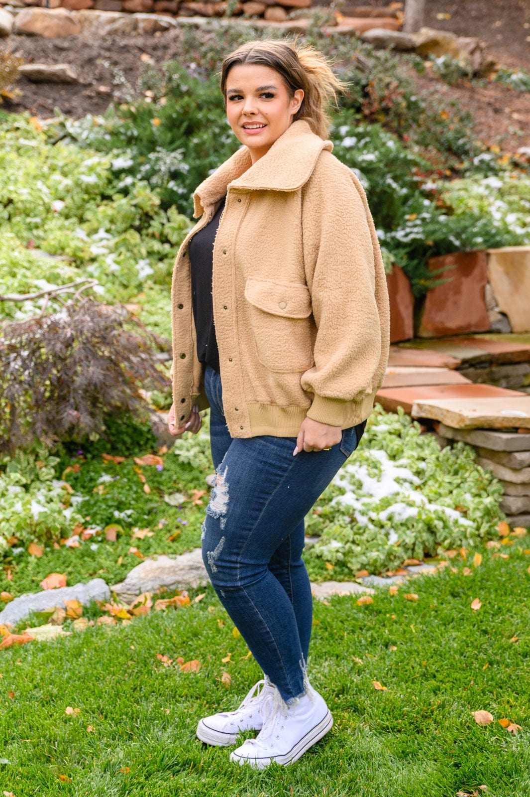 Don't Stress Oversized Collar Sherpa Jacket In Taupe-Womens-Stay Foxy Boutique, Florissant, Missouri